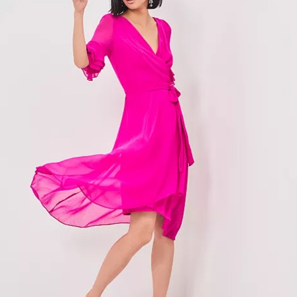 Chiffon Triple-Ruffle Wrap Dress